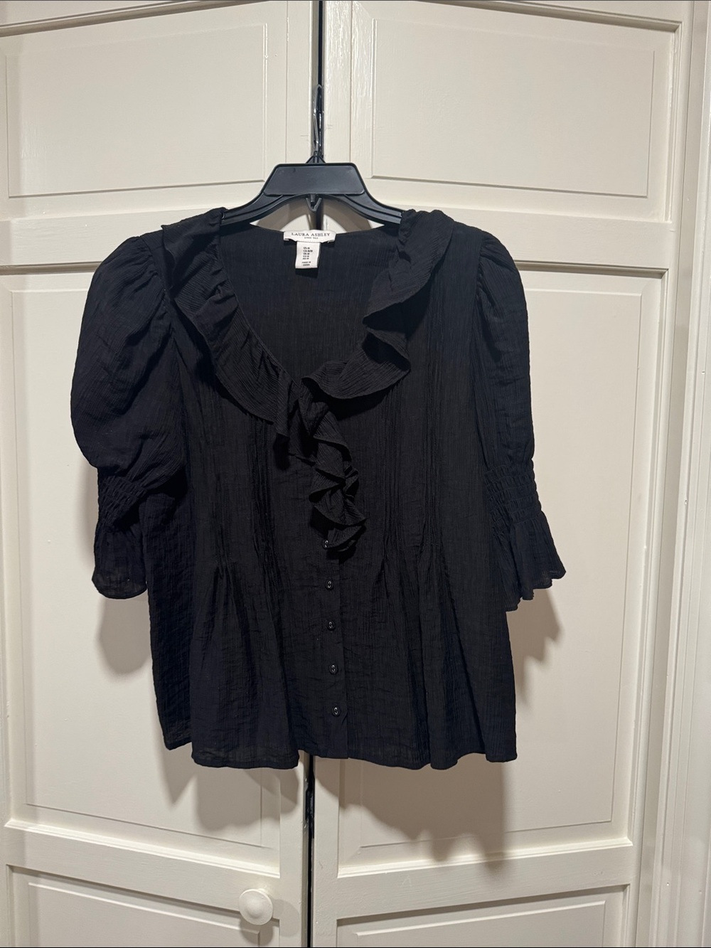 Laura Ashley Black Ruffle Button-Front Puff Sleeve Blouse